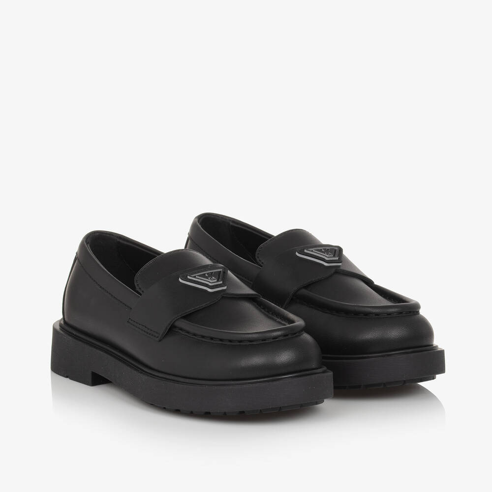 Emporio Armani - Girls Black Leather Loafers | Childrensalon