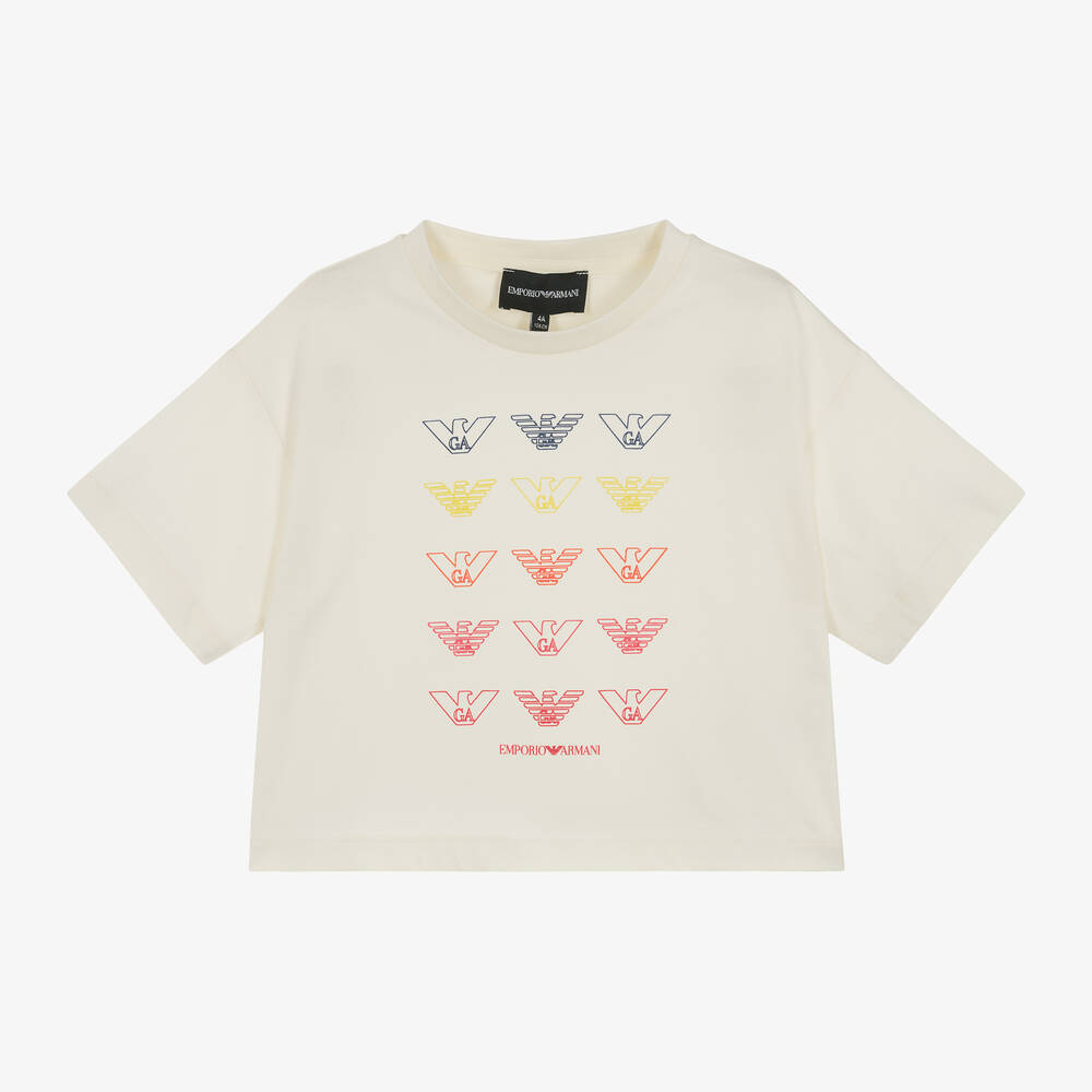 Emporio Armani - Girls Ivory Cotton Eagle T-Shirt | Childrensalon