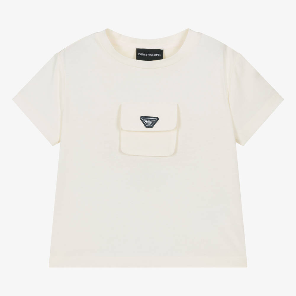 Emporio Armani - Girls Ivory Cotton Pocket T-Shirt | Childrensalon