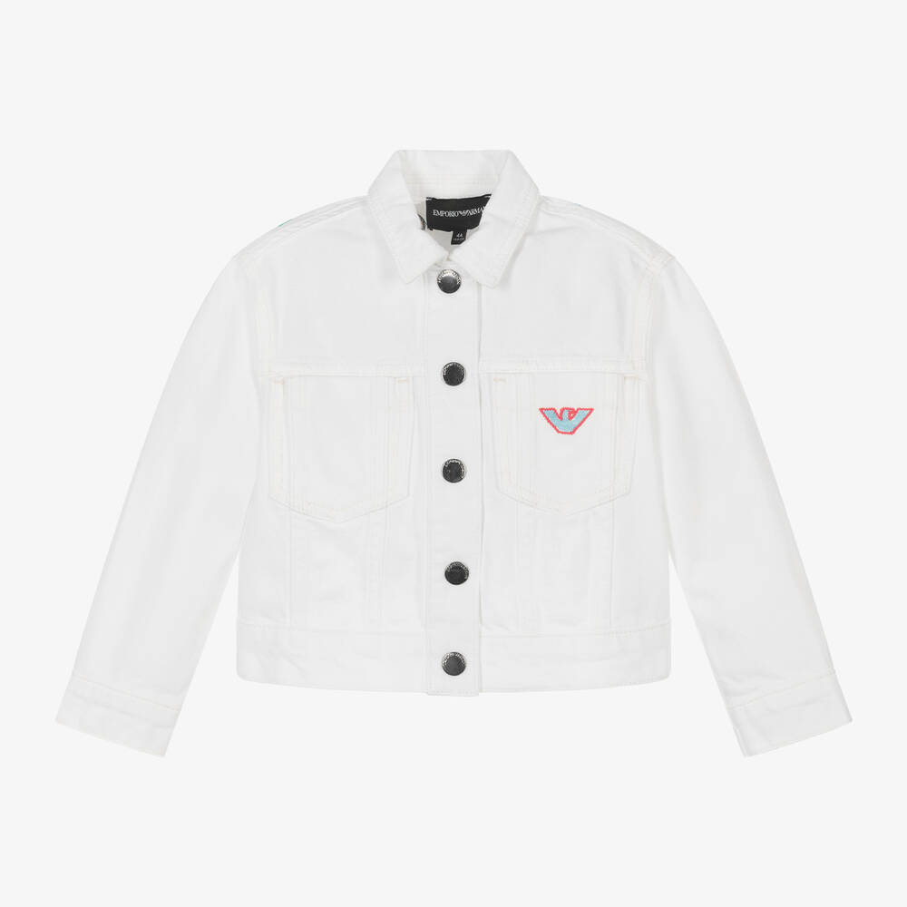 Shop Emporio Armani Girls Ivory Embroidered Denim Jacket