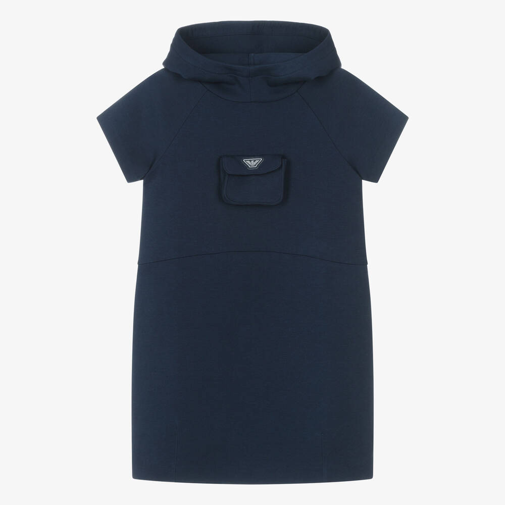 Emporio Armani - Синее хлопковое платье с капюшоном для девочек | Childrensalon