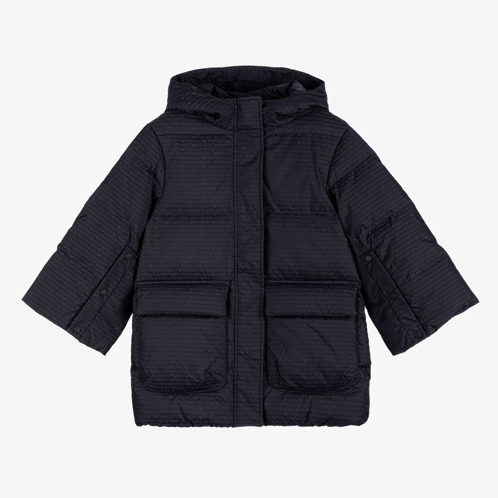 Emporio Armani - Girls Navy Blue Down Filled Puffer Coat | Childrensalon