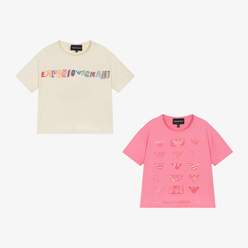 Emporio Armani - Girls Pink & Beige Cotton T-Shirts (2 Pack) | Childrensalon
