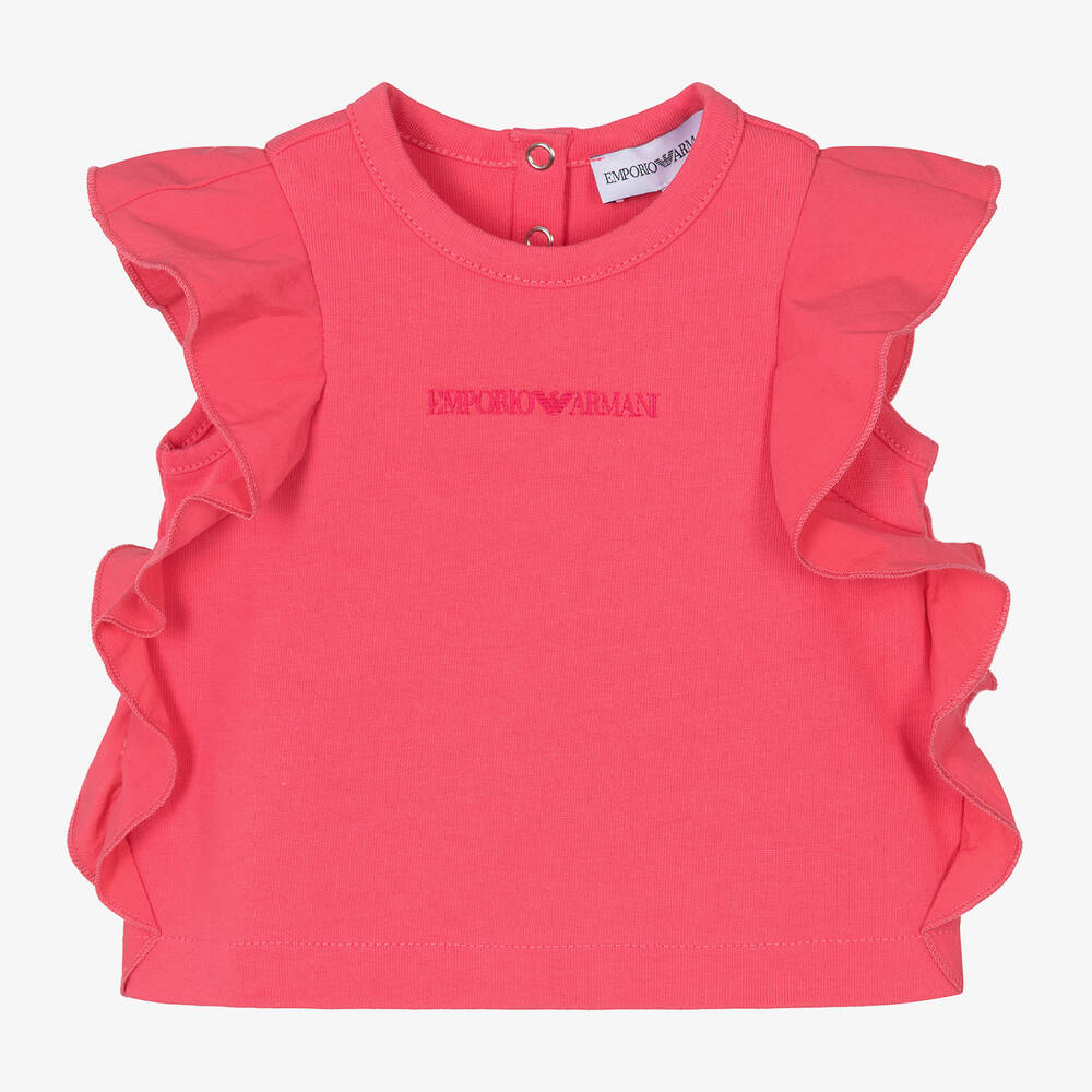 Emporio Armani - Girls Pink Cotton Ruffle T-Shirt | Childrensalon