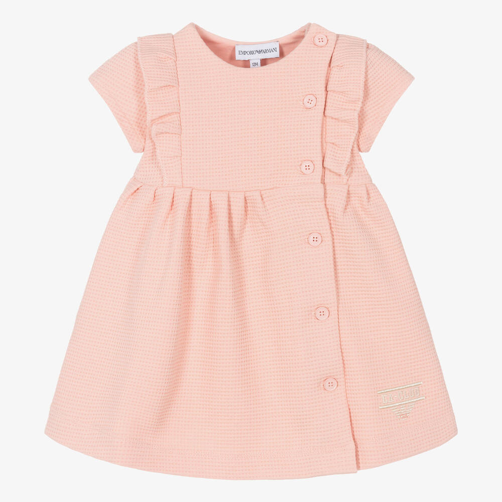 Emporio Armani - Girls Pink Cotton Waffle Jersey Dress | Childrensalon