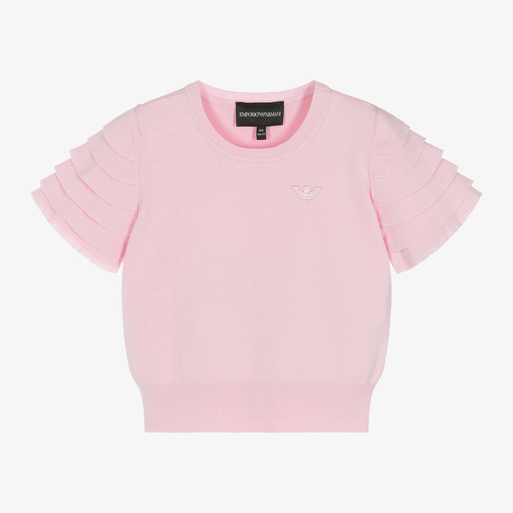 Emporio Armani - Girls Pink Ruffle Sleeve Knitted T-shirt | Childrensalon