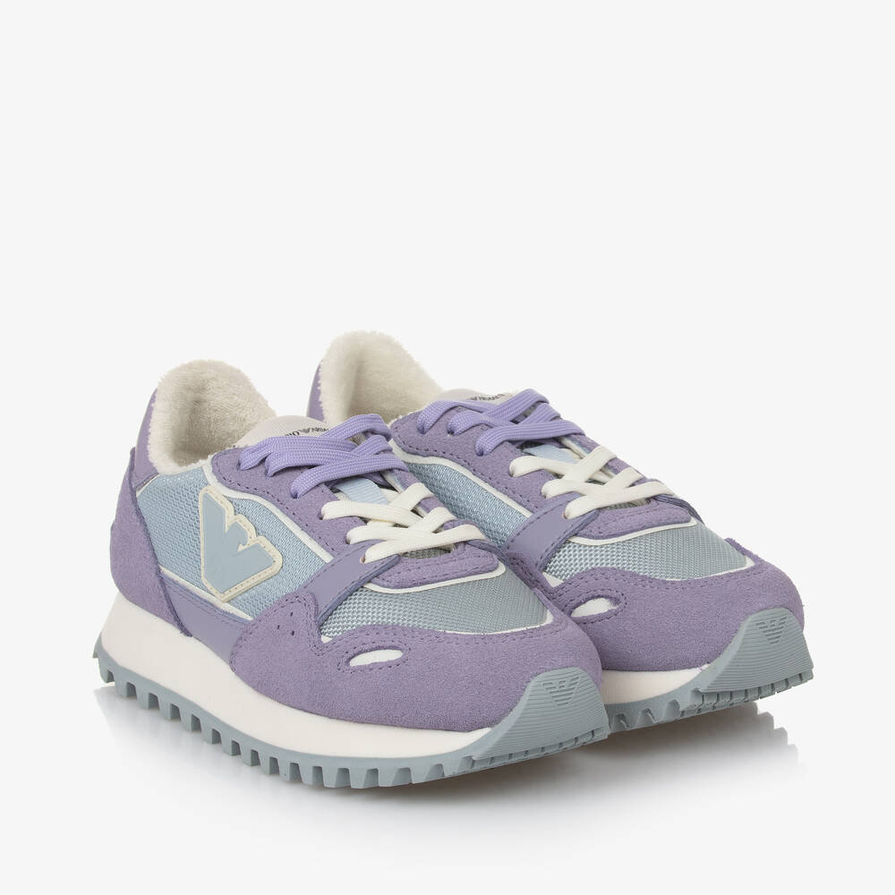 Emporio Armani - Girls Purple Leather & Blue Mesh Trainers | Childrensalon