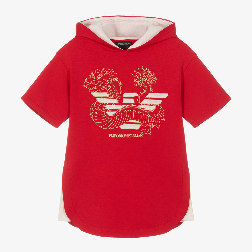 Emporio Armani - فستان هودي قطن جيرسي لون أحمر | Childrensalon