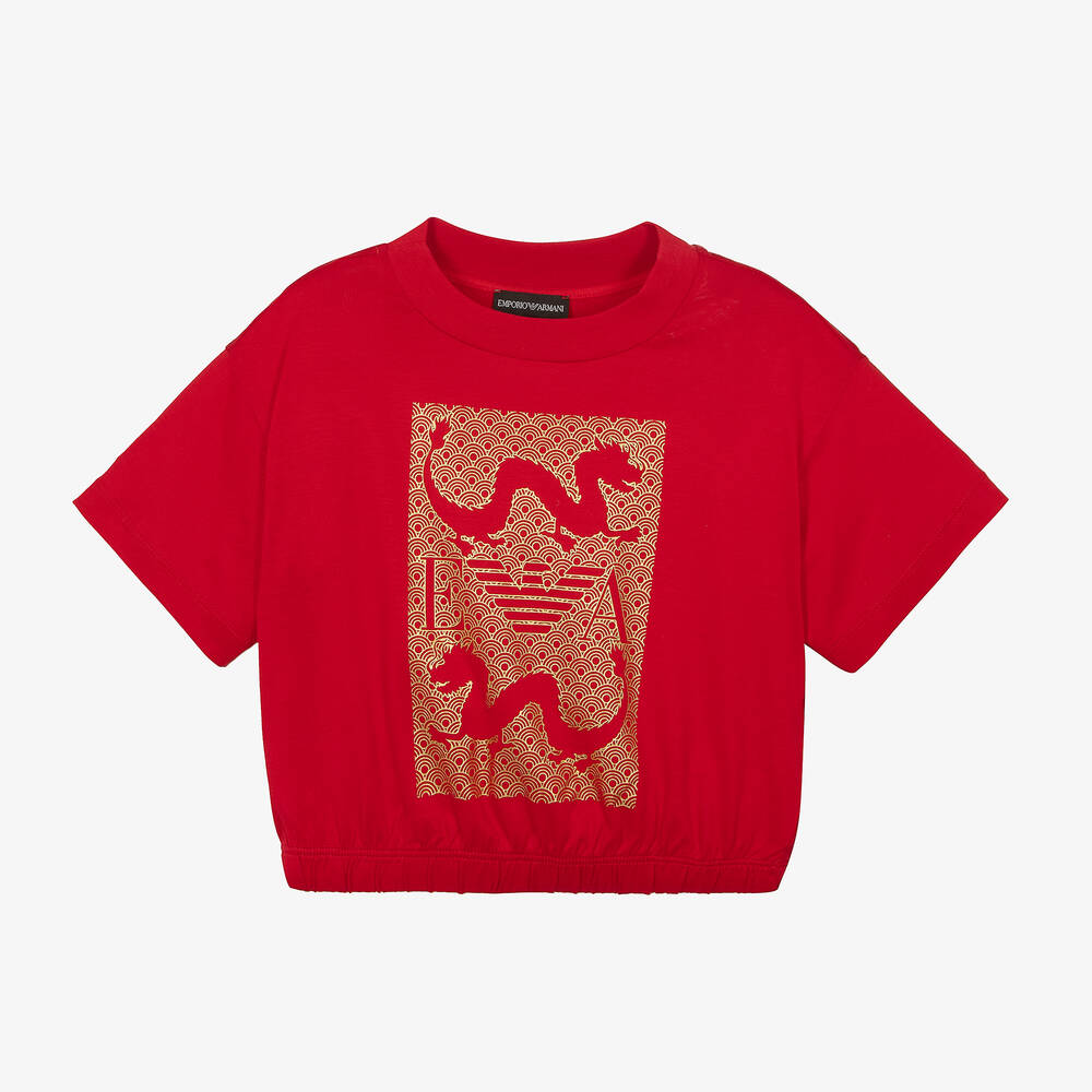 Emporio Armani - Красно-золотистая футболка Dragon для девочек | Childrensalon