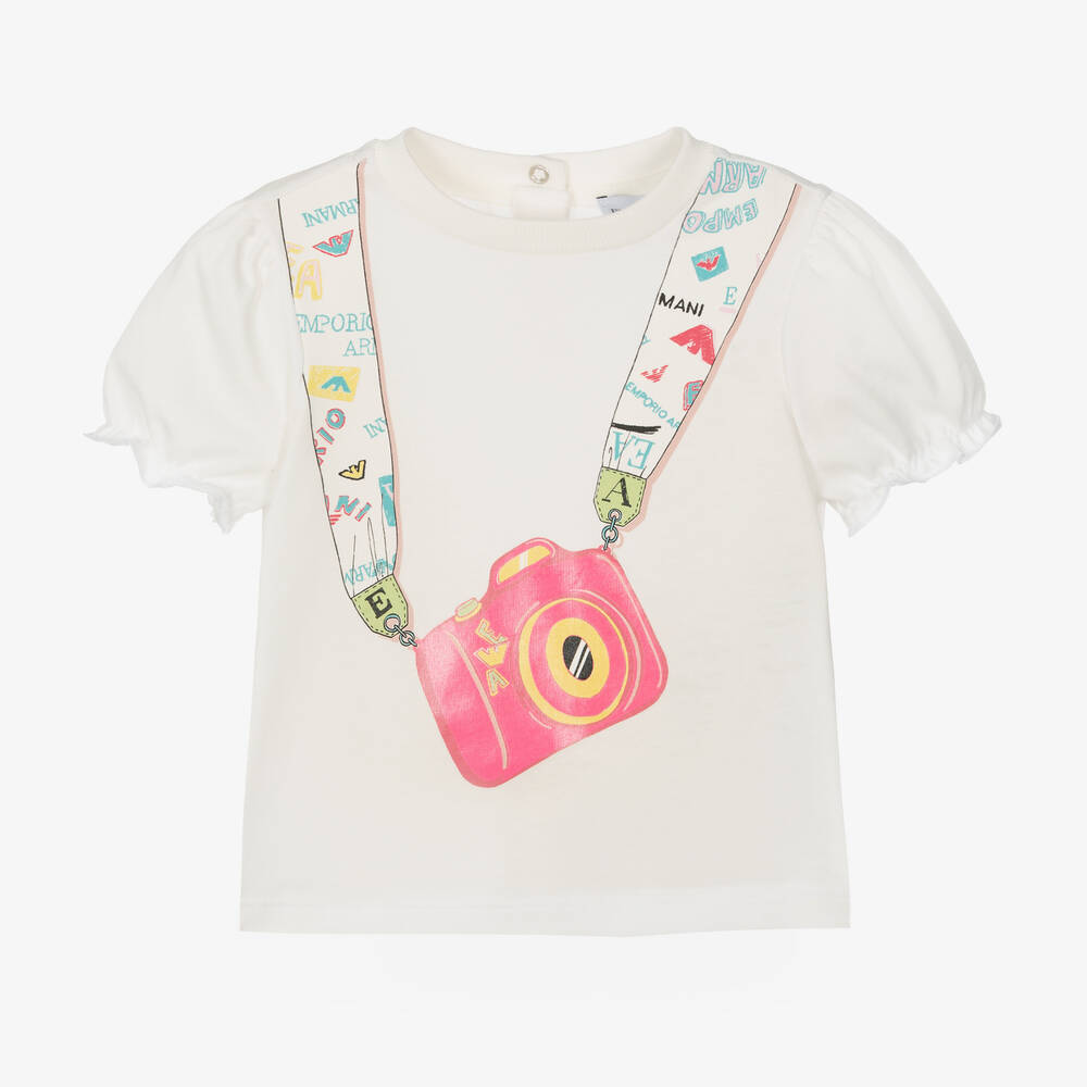 Emporio Armani - Girls White Cotton Camera Print T-Shirt | Childrensalon