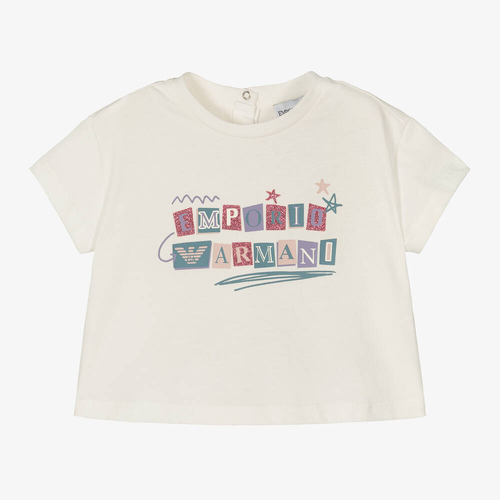 Emporio Armani - Girls White Cotton T-Shirt | Childrensalon