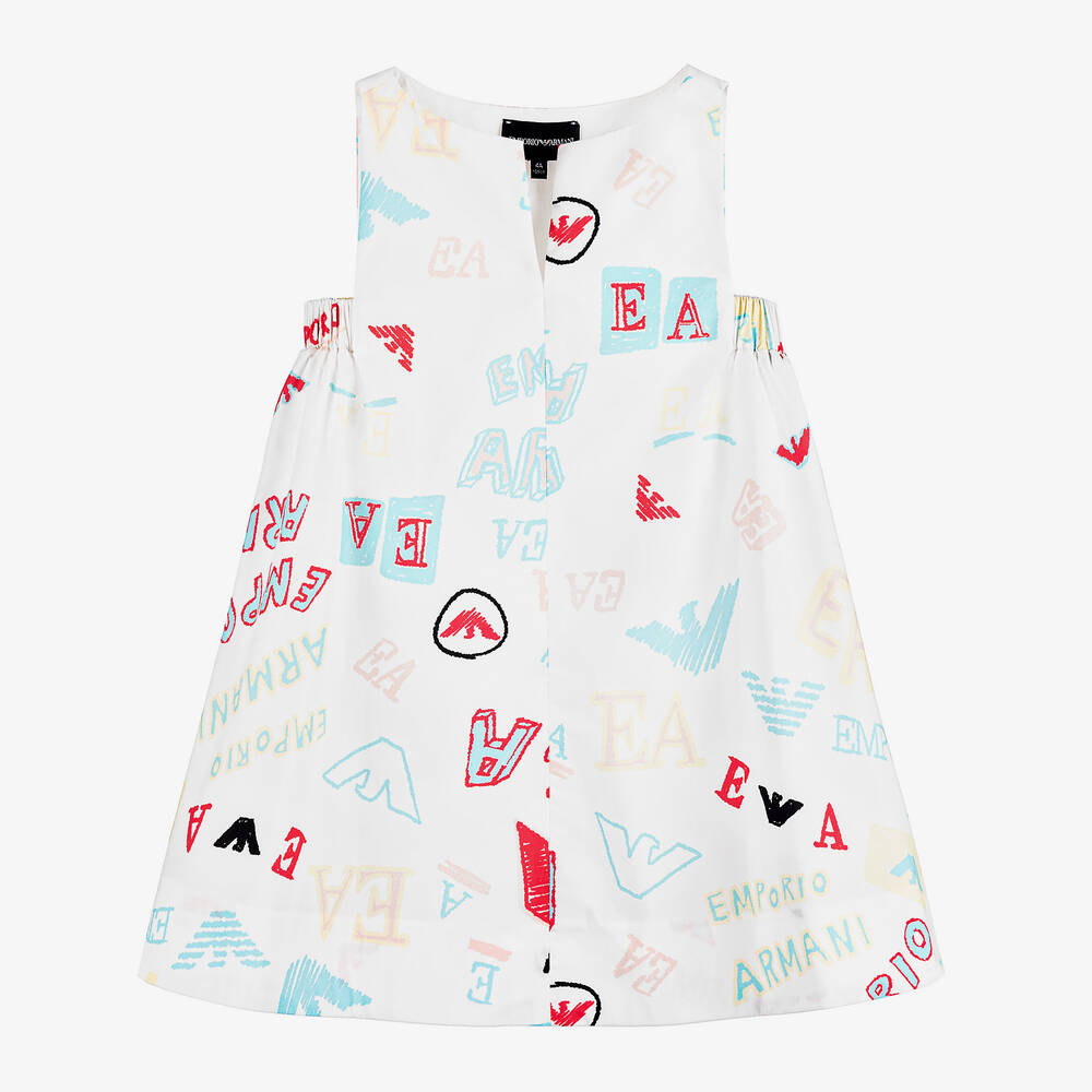 Emporio Armani - Girls White EA & Eagle Print Cotton Dress | Childrensalon