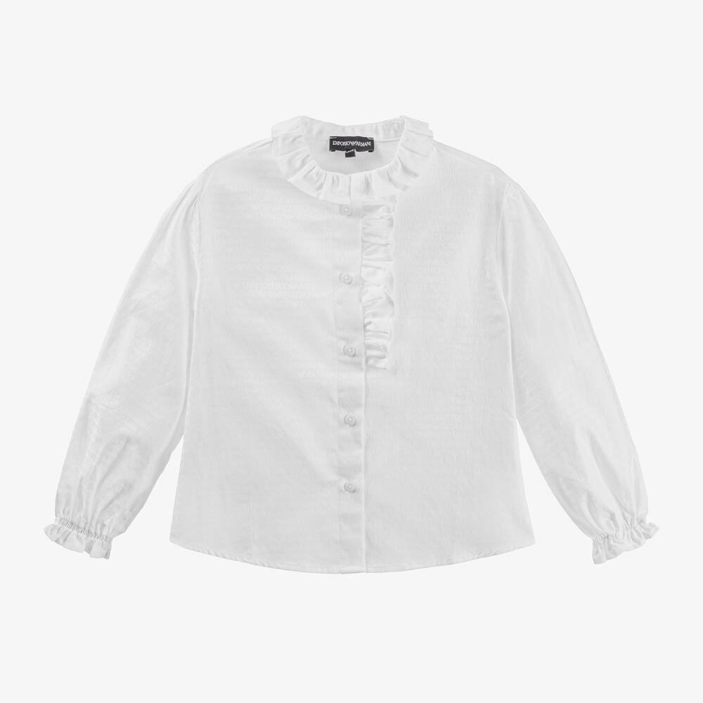 Emporio Armani - Girls White Frilled Cotton Blouse | Childrensalon