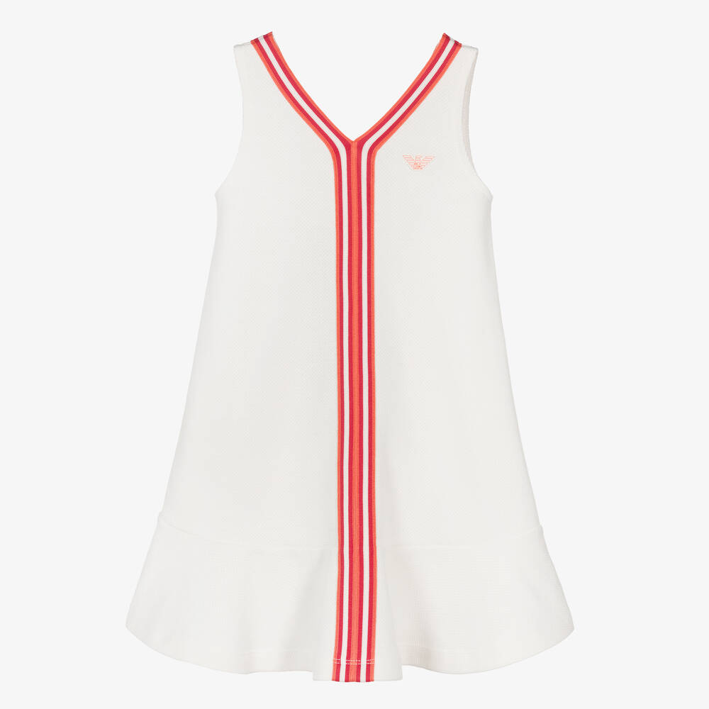 Emporio Armani - فستان قطن بيكيه مقلم لون أبيض وأحمر | Childrensalon