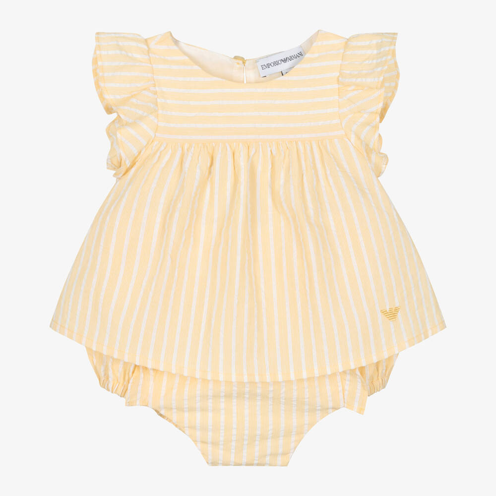 Emporio Armani - Girls Yellow Striped Cotton Shorts Set | Childrensalon