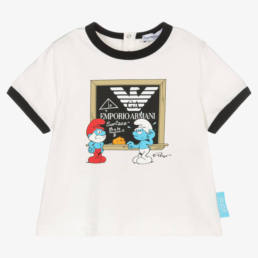 Emporio Armani - Ivory Organic Cotton Smurfs Baby T-Shirt | Childrensalon