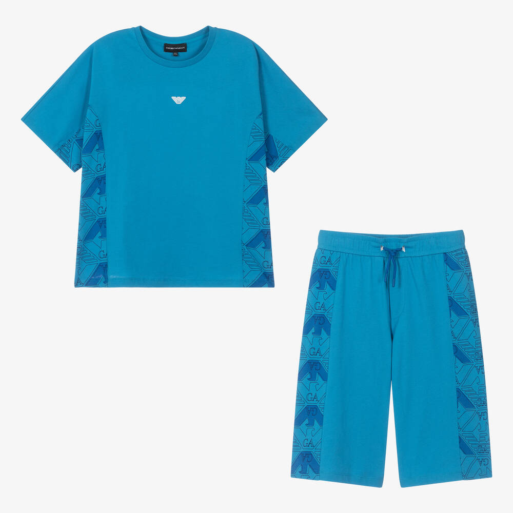 Shop Emporio Armani Teen Boys Blue Cotton Ea Crew Shorts Set