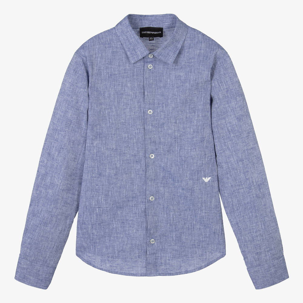 Emporio Armani - قميص كتان وقطن لون أزرق للمراهقين | Childrensalon