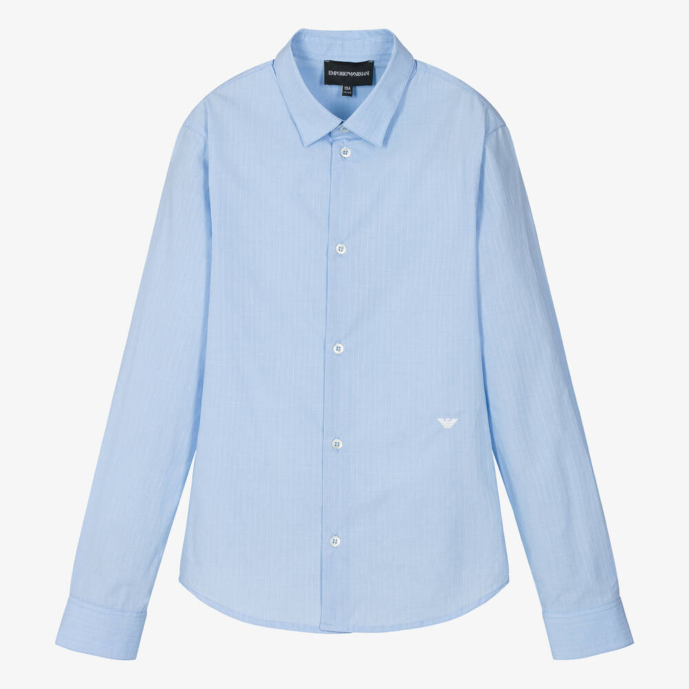 Emporio Armani - Хлопковая рубашка в голубую полоску для мальчиков-подростков | Childrensalon