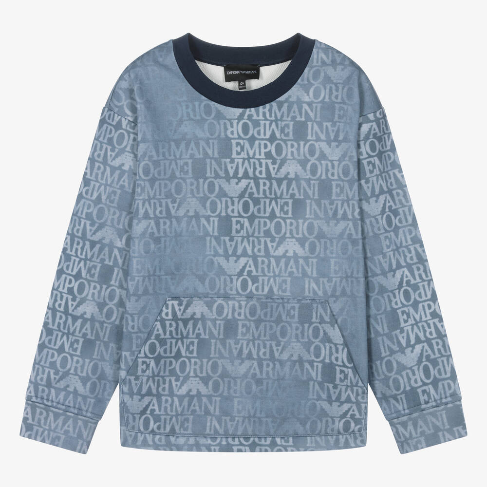 Emporio Armani - Sweat-shirt bleu aspect denim ado | Childrensalon