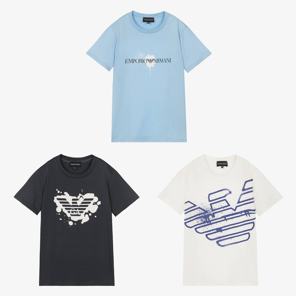 Emporio Armani - T-shirts bleus et ivoire ado (x 3) | Childrensalon