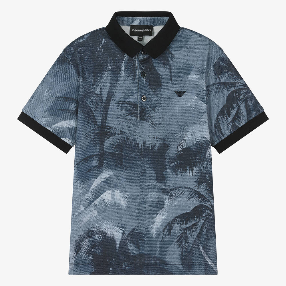 Shop Emporio Armani Teen Boys Blue Palm Print Polo Shirt