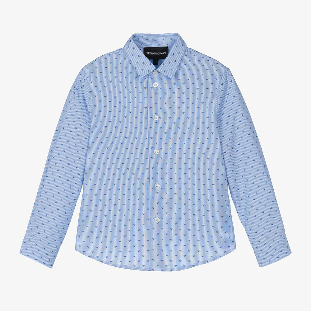 Emporio Armani - Teen Boys Blue Stripe Eagle Cotton Shirt | Childrensalon
