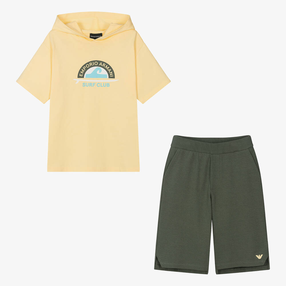 Emporio Armani - Желтый топ и зеленые шорты из хлопка для мальчиков-подростков | Childrensalon