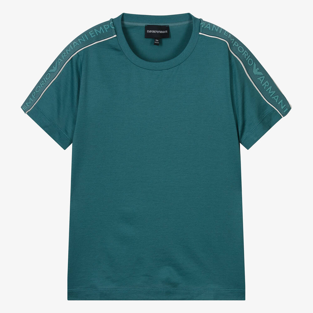 Emporio Armani - Teen Boys Green Viscose & Cotton T-Shirt | Childrensalon
