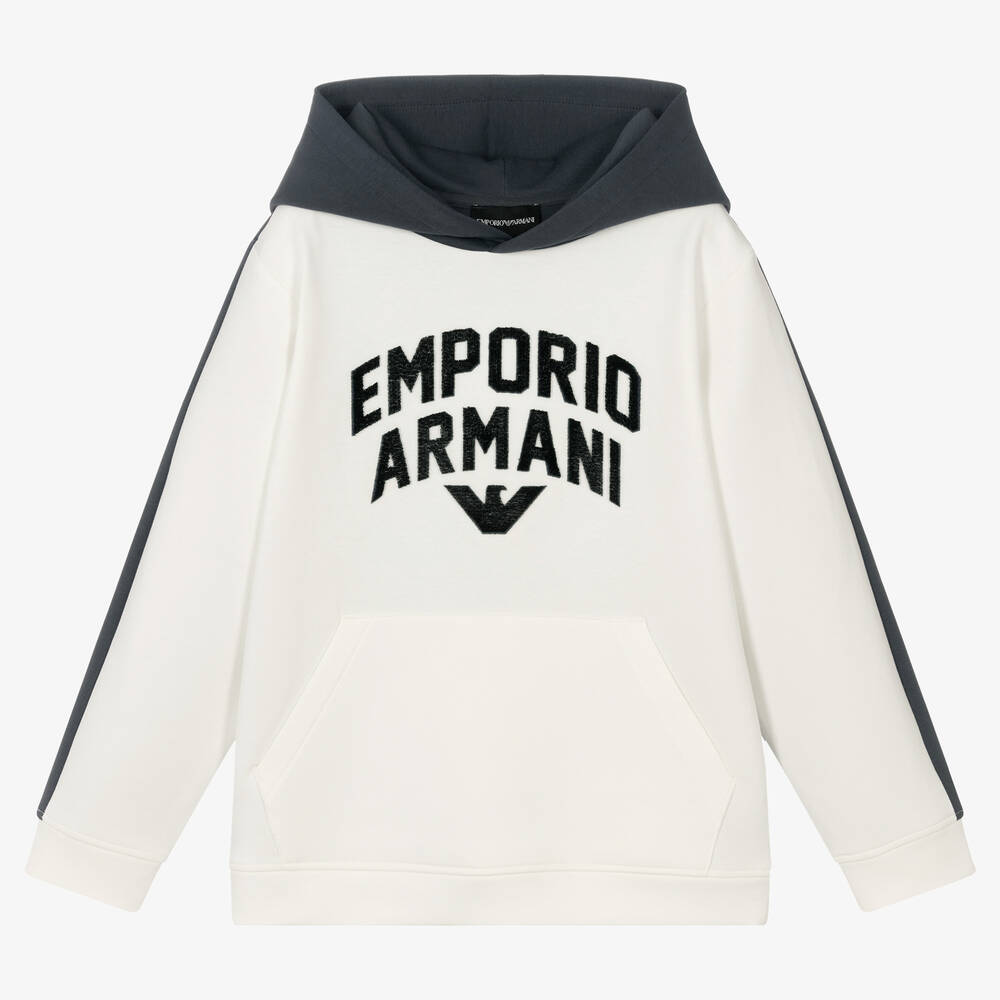 Emporio Armani - Teen Boys Ivory & Blue Logo Hoodie | Childrensalon
