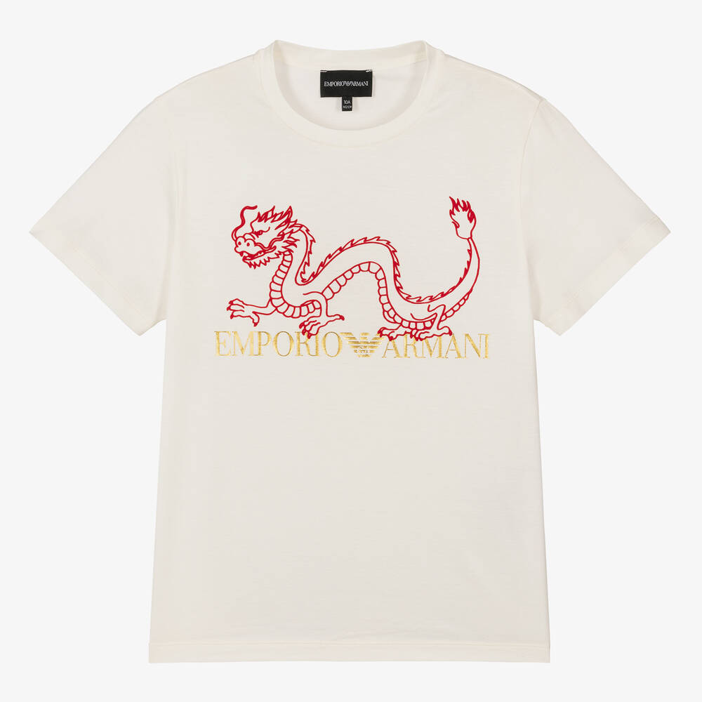 Shop Emporio Armani Teen Boys Ivory Dragon T-shirt