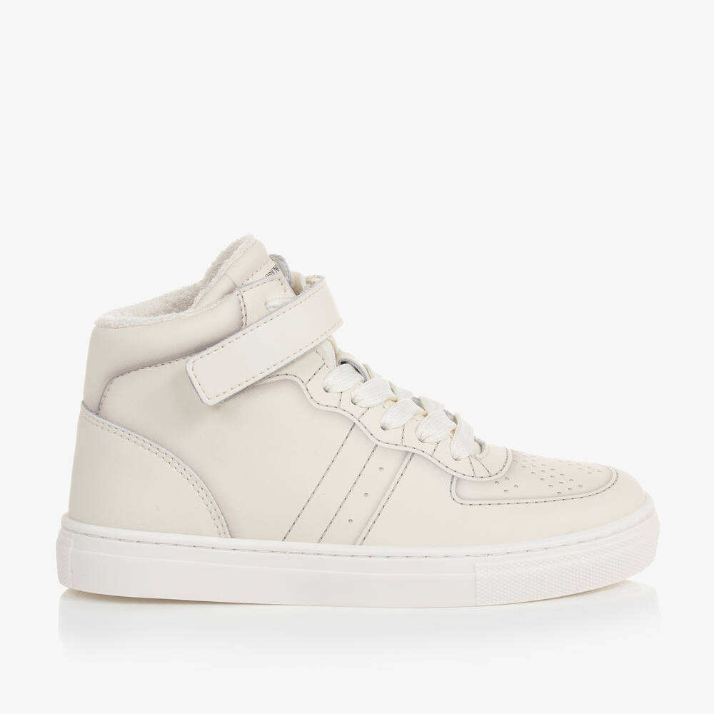EMPORIO ARMANI TEEN BOYS IVORY LEATHER HIGH-TOP TRAINERS