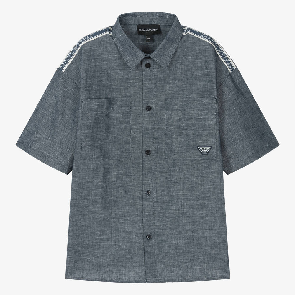 Emporio Armani - Teen Boys Navy Blue Cotton & Linen Shirt | Childrensalon