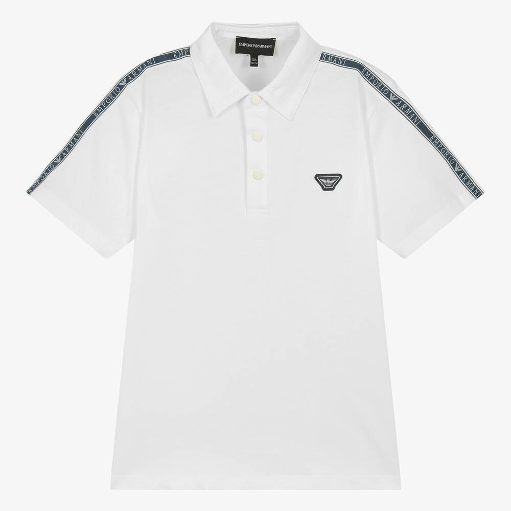 Emporio Armani - Teen Boys White Cotton Taped Polo Shirt | Childrensalon