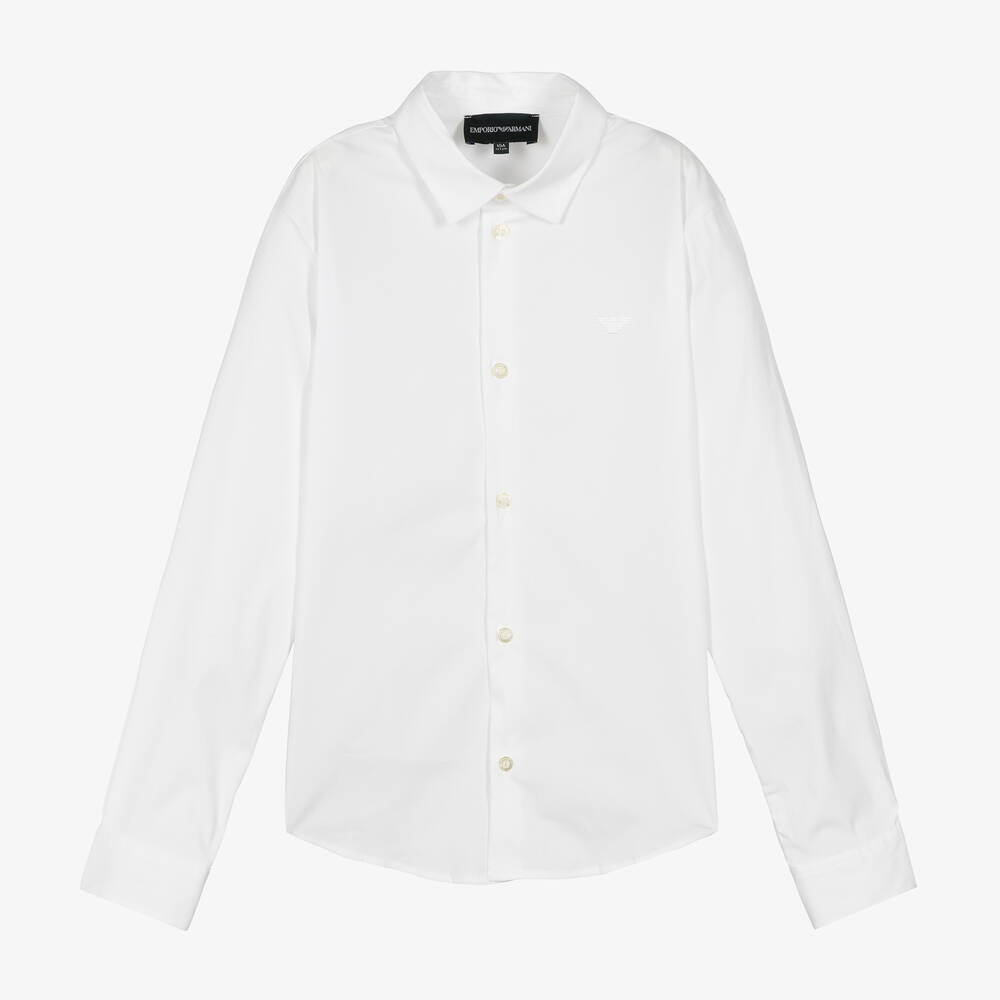 Emporio Armani - قميص تينز ولادي قطن جيرسي مطرز لون أبيض | Childrensalon