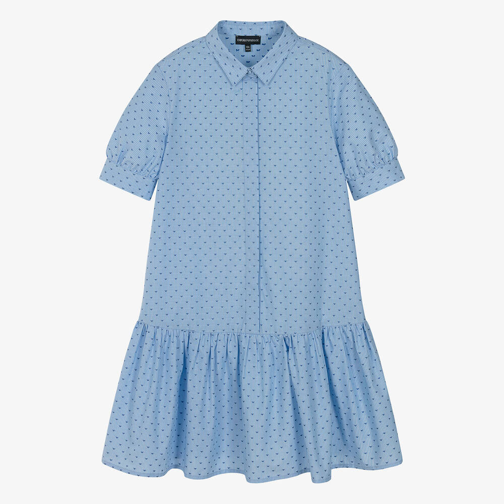 Emporio Armani - فستان قميص قطن بوبلين لون أزرق للمراهقات | Childrensalon