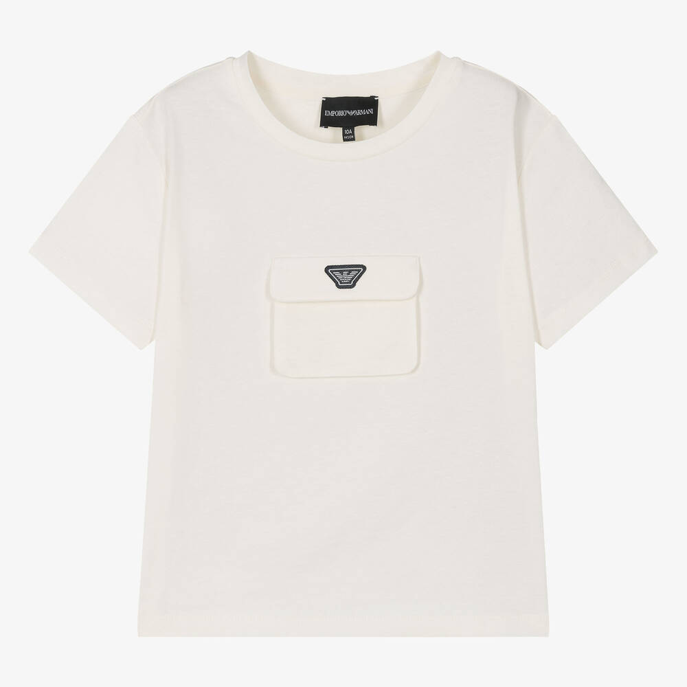 Emporio Armani - Кремовая хлопковая футболка с карманом | Childrensalon
