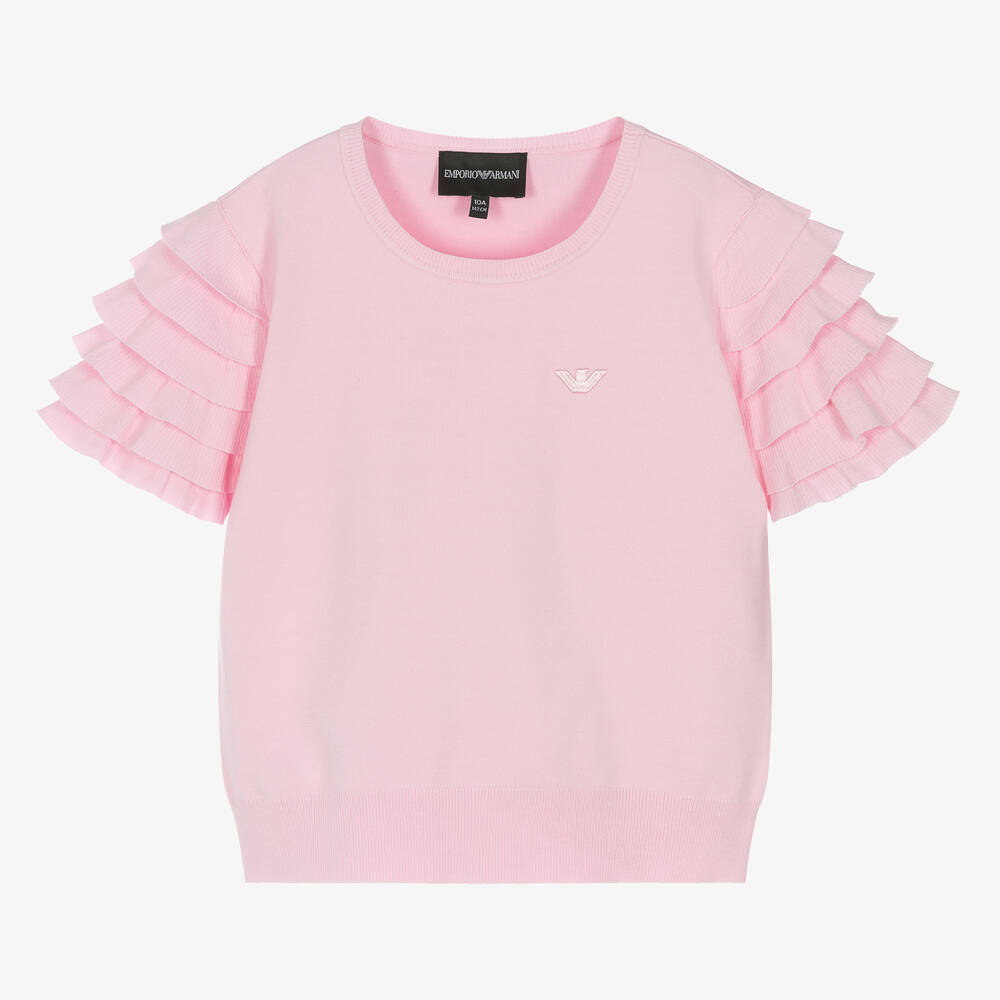 Emporio Armani Teen Girls Pink Knit Ruffle Sleeve T-shirt