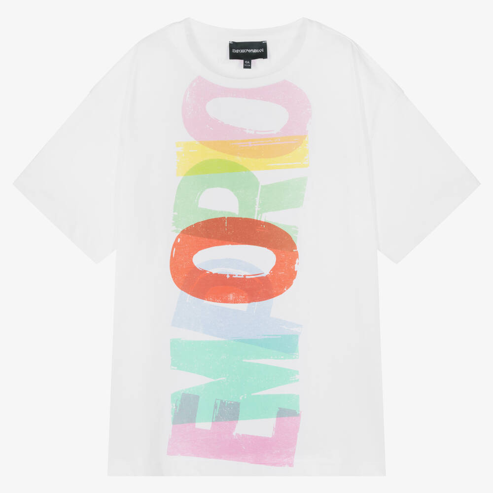 Emporio Armani - Teen Girls White Paint Print Logo T-Shirt | Childrensalon