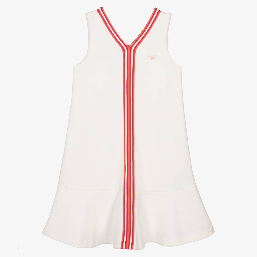 Emporio Armani - فستان قطن بيكيه مقلم لون أبيض وأحمر للمراهقات | Childrensalon
