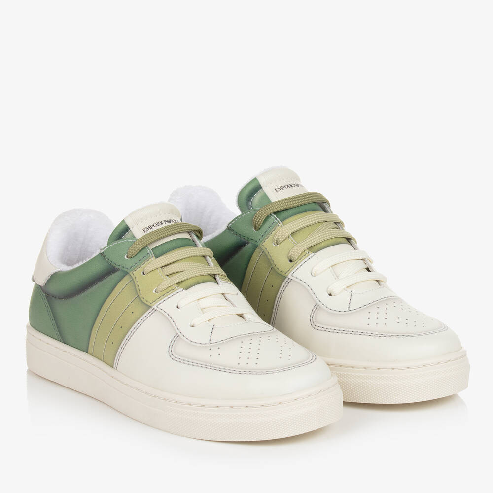 Emporio Armani - Teen Ivory & Green Lace-Up Trainers | Childrensalon