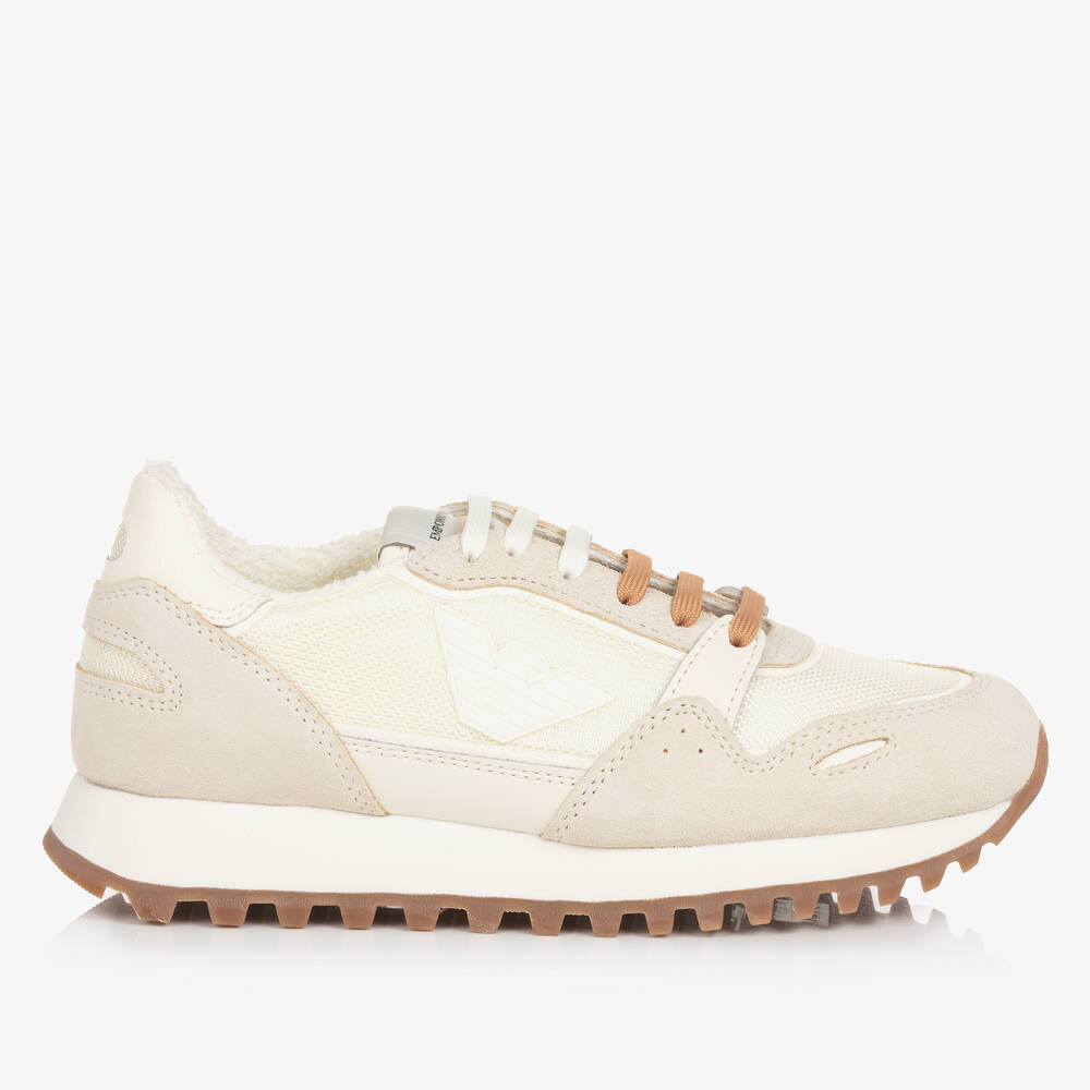 Shop Emporio Armani Teen Ivory Suede Leather Trainers