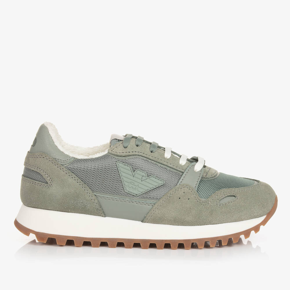 Shop Emporio Armani Teen Sage Green Suede Leather Trainers