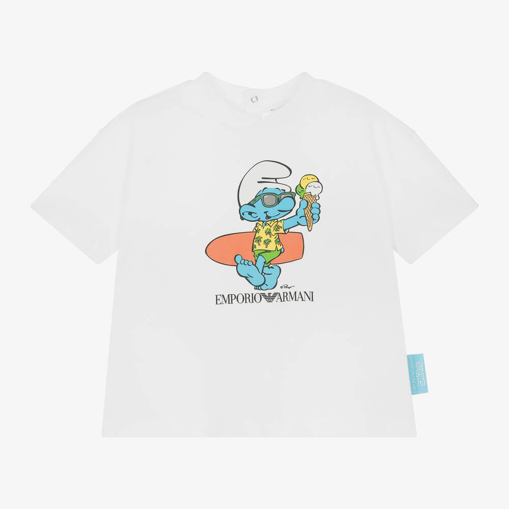 Emporio Armani - White Cotton Smurfs Baby T-Shirt | Childrensalon