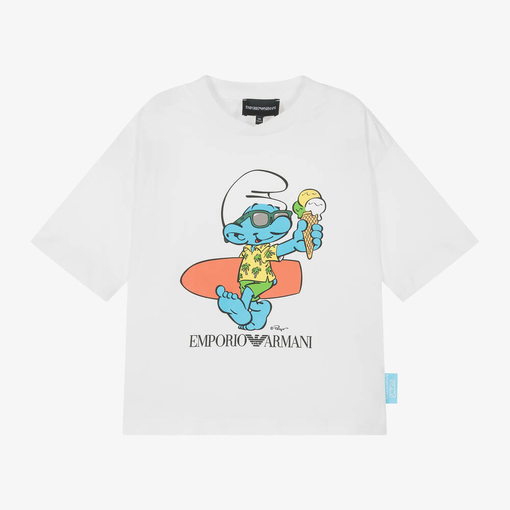 Emporio Armani - White Smurf Organic Cotton T-Shirt | Childrensalon