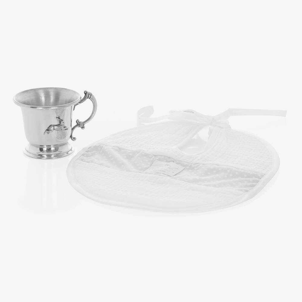English Trousseau - Pewter Cup & Bib Baby Gift Set | Childrensalon