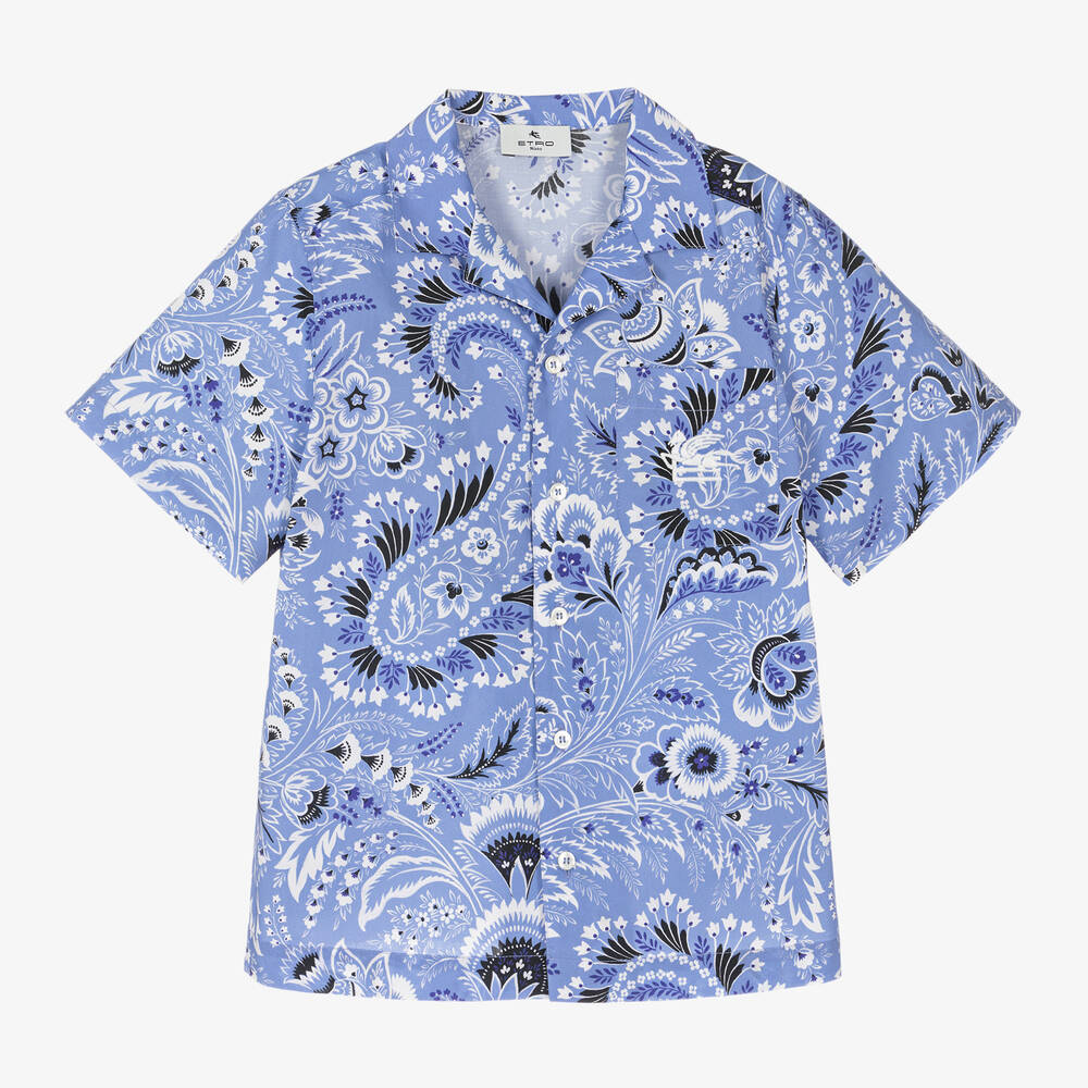 Shop Etro Boys Blue Floral Paisley Cotton Shirt
