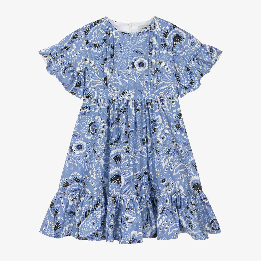 Etro - Girls Blue Floral Paisley Print Cotton Dress | Childrensalon