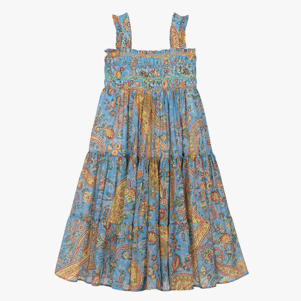Etro - Girls Blue Paisley Print Cotton Dress | Childrensalon