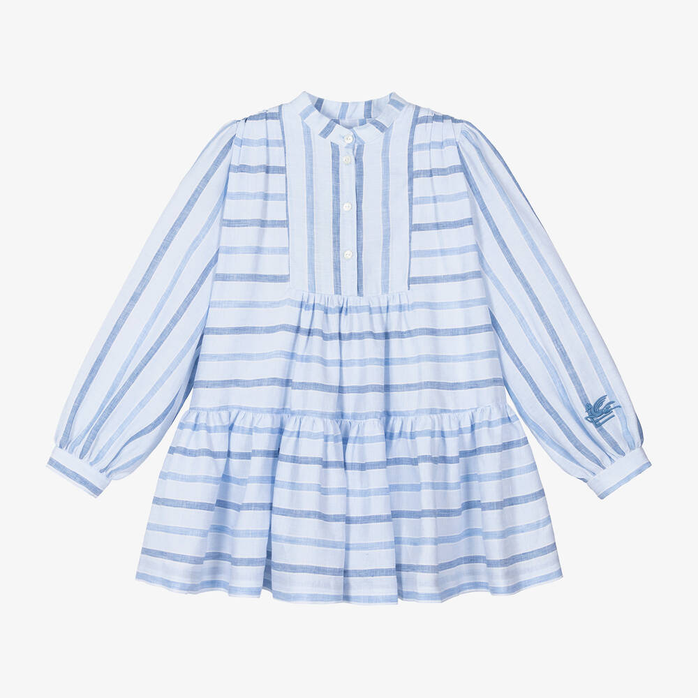 Etro Kids' Striped Linen Dress In Blue